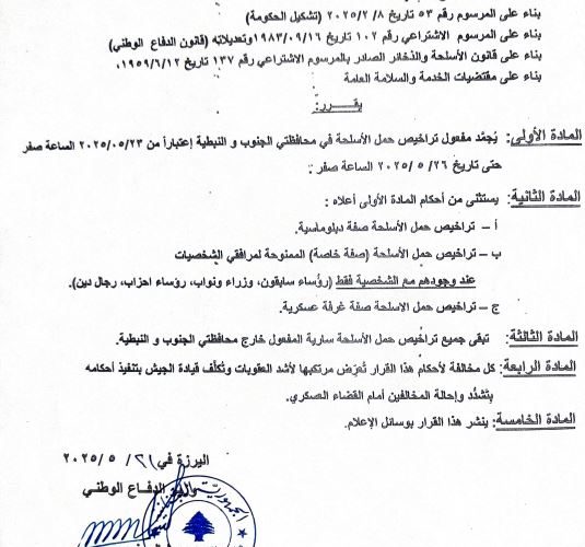 تجميد مفهول تراخيص حمل الاسلحة